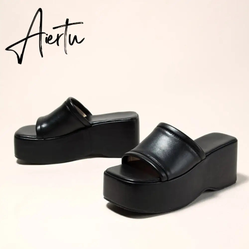 Summer Pink Wedge Slippers Women Platform Sandals Cozy Leather Peep Toe Slip On High Heels Casual Beach Slide Shoes Female Aiertu