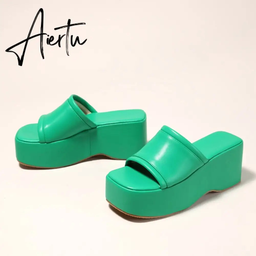 Summer Pink Wedge Slippers Women Platform Sandals Cozy Leather Peep Toe Slip On High Heels Casual Beach Slide Shoes Female Aiertu