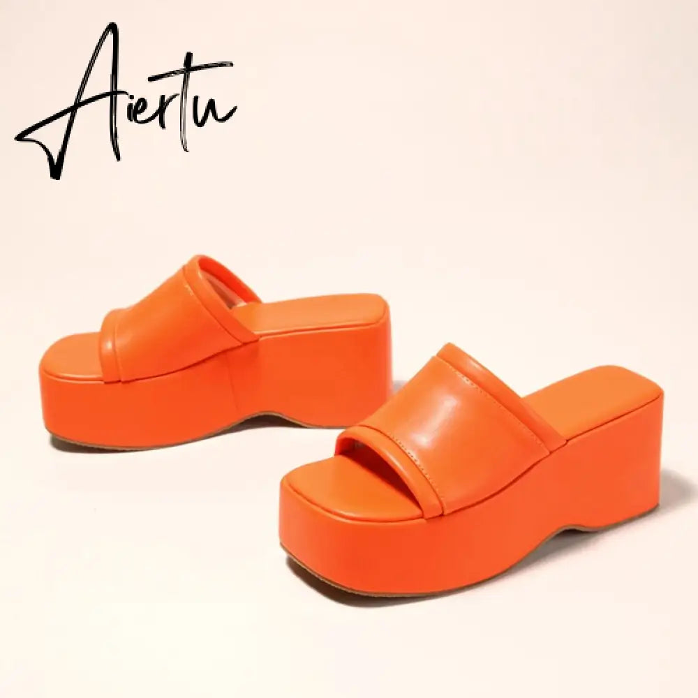 Summer Pink Wedge Slippers Women Platform Sandals Cozy Leather Peep Toe Slip On High Heels Casual Beach Slide Shoes Female Aiertu