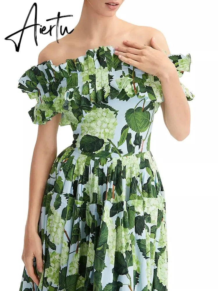 Summer Print Dress Female Square Collar Short Sleeve High Waist Patchwork Ruched Casual Dresses For Women Clothing Style New Aiertu