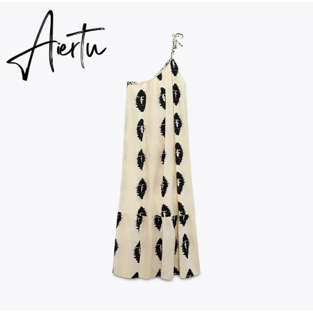 Summer Printing Suspender Maxi Dresses Women One Shoulder Backless Irregular Beach Dress Female Elegant Loose Chic Long Dresses Aiertu