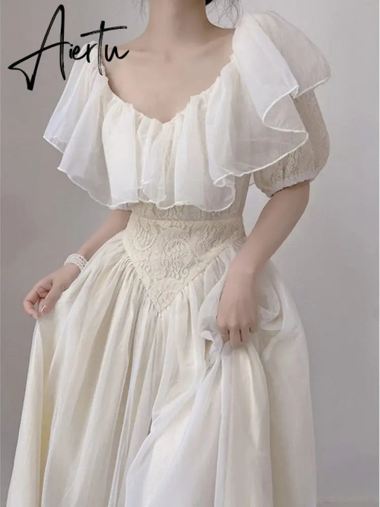 Summer Romantic Fairy Dress Woman Chic Vintage Lace Puff Sleeve Ruffles V-Neck Soft Princess Dresses Party Night Vestido Festa Aiertu