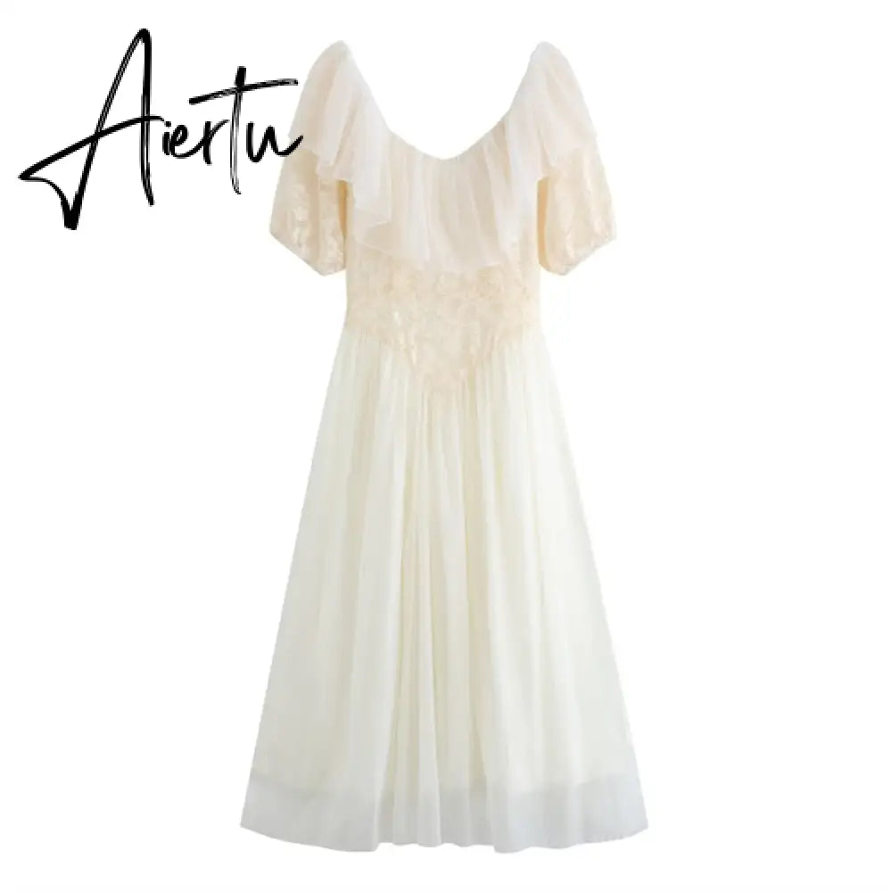 Summer Romantic Fairy Dress Woman Chic Vintage Lace Puff Sleeve Ruffles V-Neck Soft Princess Dresses Party Night Vestido Festa Aiertu