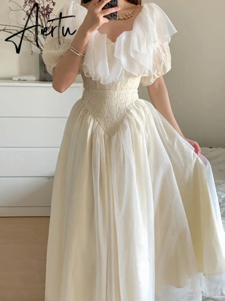 Summer Romantic Fairy Dress Woman Chic Vintage Lace Puff Sleeve Ruffles V-Neck Soft Princess Dresses Party Night Vestido Festa Aiertu
