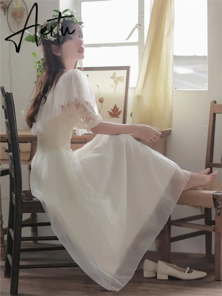 Summer Romantic Fairy Dress Woman Chic Vintage Lace Puff Sleeve Ruffles V-Neck Soft Princess Dresses Party Night Vestido Festa Aiertu