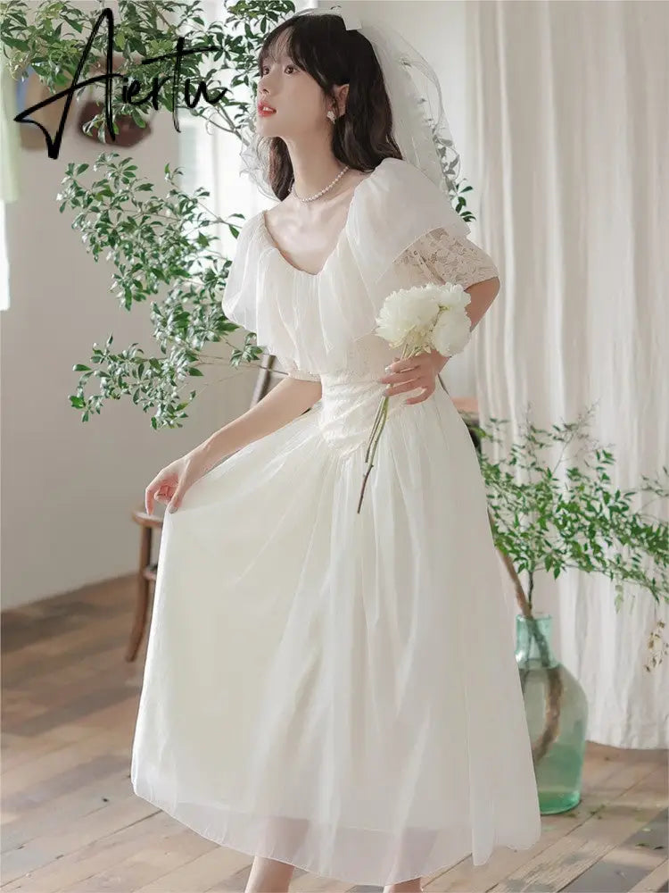 Summer Romantic Fairy Dress Woman Chic Vintage Lace Puff Sleeve Ruffles V-Neck Soft Princess Dresses Party Night Vestido Festa Aiertu
