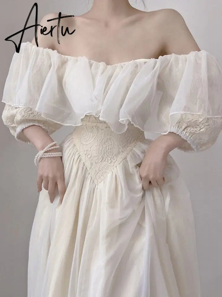 Summer Romantic Fairy Dress Woman Chic Vintage Lace Puff Sleeve Ruffles V-Neck Soft Princess Dresses Party Night Vestido Festa Aiertu
