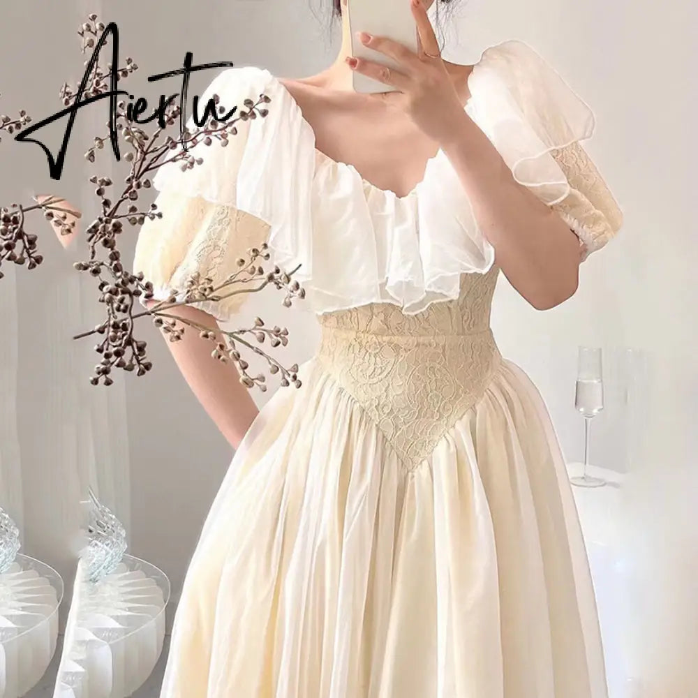 Summer Romantic Fairy Dress Woman Chic Vintage Lace Puff Sleeve Ruffles V-Neck Soft Princess Dresses Party Night Vestido Festa Aiertu