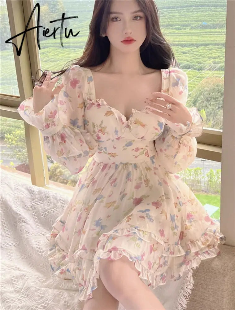 Summer Sexy French Floral Dress Women V-neck  Long Sleeve A-line Corset Short Dress Female Beach Dress Holiday Sundress Aiertu