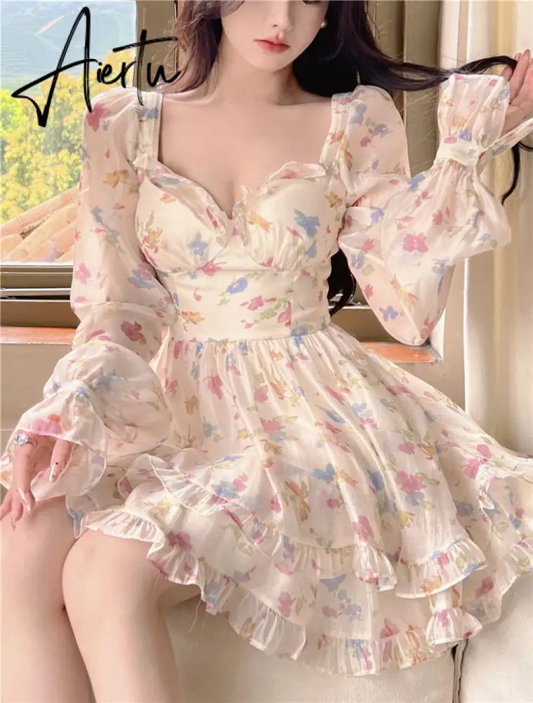 Summer Sexy French Floral Dress Women V-neck  Long Sleeve A-line Corset Short Dress Female Beach Dress Holiday Sundress Aiertu