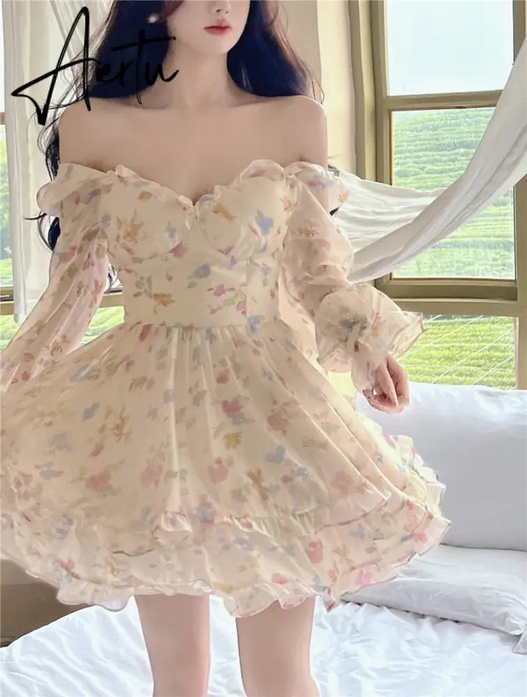 Summer Sexy French Floral Dress Women V-neck  Long Sleeve A-line Corset Short Dress Female Beach Dress Holiday Sundress Aiertu