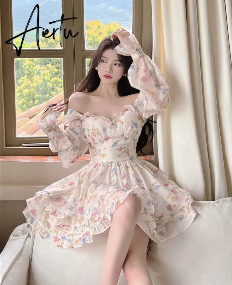 Summer Sexy French Floral Dress Women V-neck  Long Sleeve A-line Corset Short Dress Female Beach Dress Holiday Sundress Aiertu