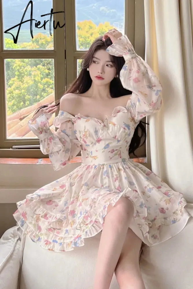 Summer Sexy French Floral Dress Women V-neck  Long Sleeve A-line Corset Short Dress Female Beach Dress Holiday Sundress Aiertu