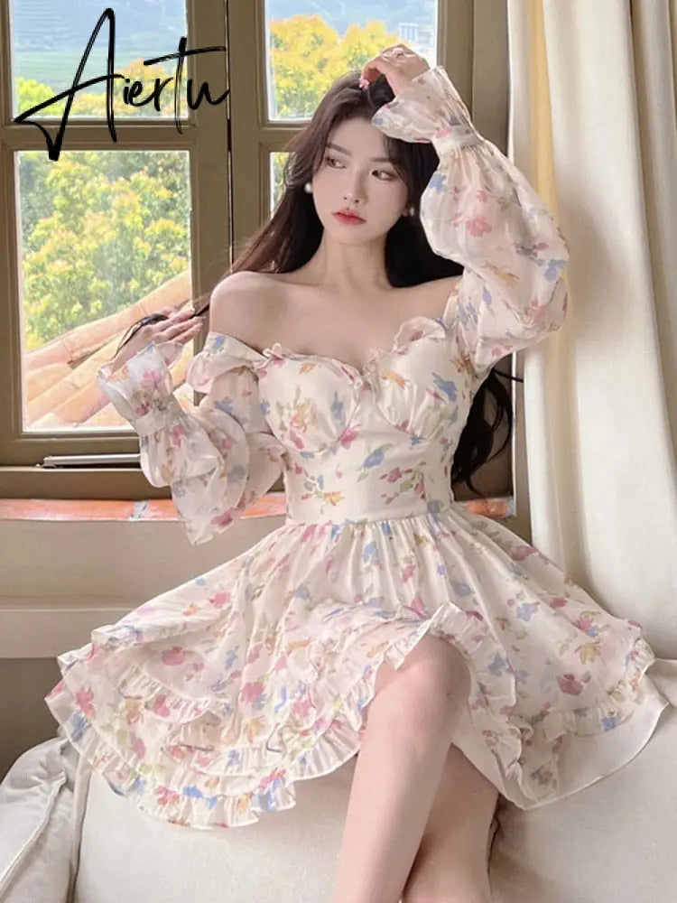 Summer Sexy French Floral Dress Women V-neck  Long Sleeve A-line Corset Short Dress Female Beach Dress Holiday Sundress Aiertu