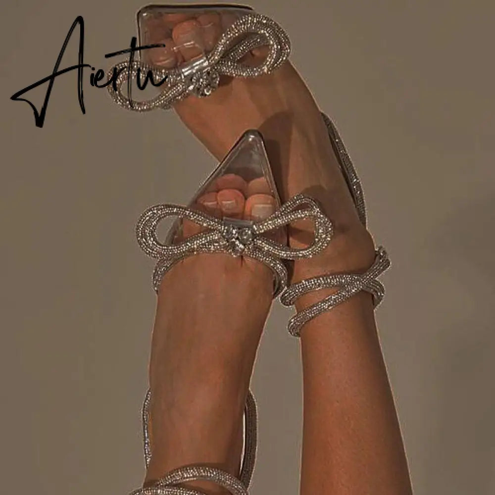 Summer Sexy Satin Slim Thin High Heel Bride Shoes Women Point Wrap Toe Crystal Sandals Ankle Buckle Luxury Wedding Shoes Mujer Aiertu