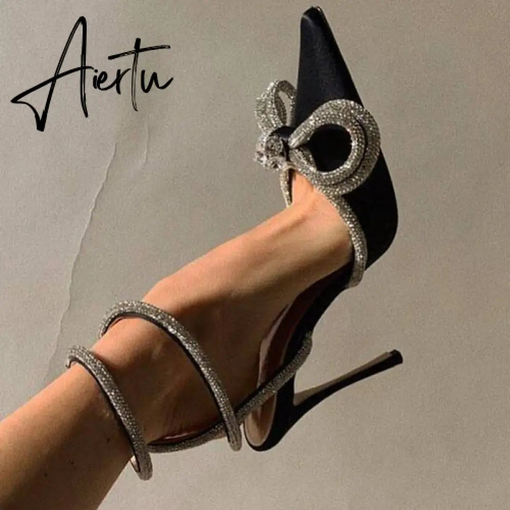 Summer Sexy Satin Slim Thin High Heel Bride Shoes Women Point Wrap Toe Crystal Sandals Ankle Buckle Luxury Wedding Shoes Mujer Aiertu