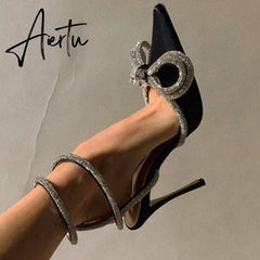 Summer Sexy Satin Slim Thin High Heel Bride Shoes Women Point Wrap Toe Crystal Sandals Ankle Buckle Luxury Wedding Shoes Mujer Aiertu