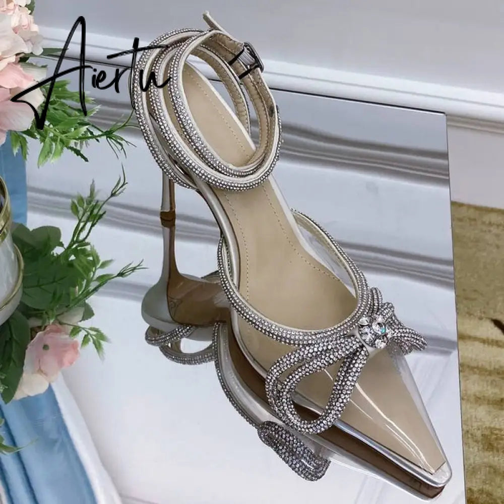 Summer Sexy Satin Slim Thin High Heel Bride Shoes Women Point Wrap Toe Crystal Sandals Ankle Buckle Luxury Wedding Shoes Mujer Aiertu