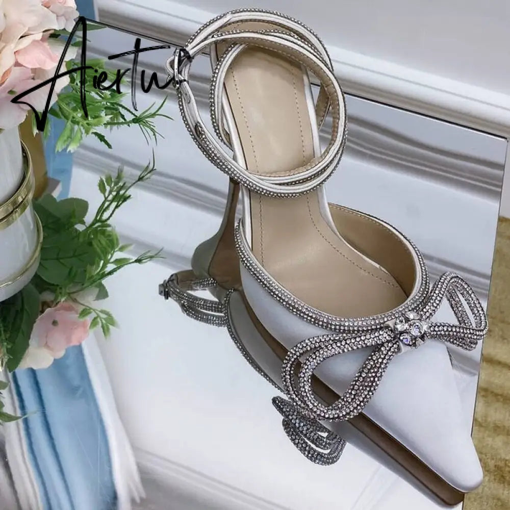 Summer Sexy Satin Slim Thin High Heel Bride Shoes Women Point Wrap Toe Crystal Sandals Ankle Buckle Luxury Wedding Shoes Mujer Aiertu