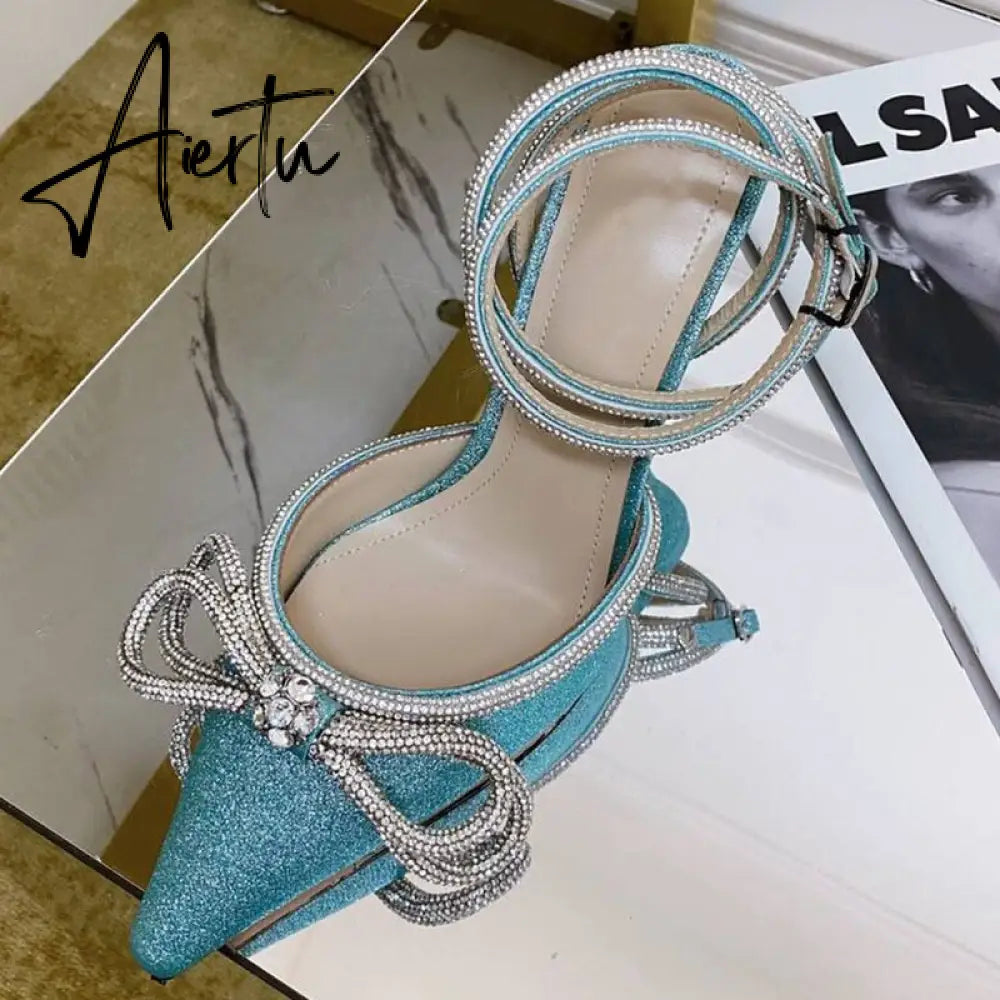 Summer Sexy Satin Slim Thin High Heel Bride Shoes Women Point Wrap Toe Crystal Sandals Ankle Buckle Luxury Wedding Shoes Mujer Aiertu