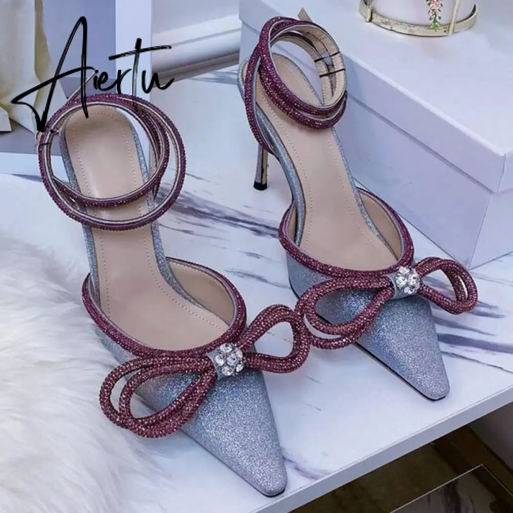Summer Sexy Satin Slim Thin High Heel Bride Shoes Women Point Wrap Toe Crystal Sandals Ankle Buckle Luxury Wedding Shoes Mujer Aiertu