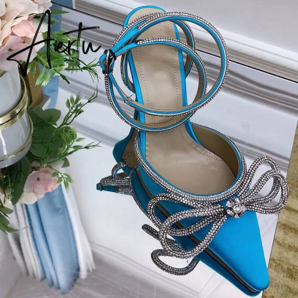 Summer Sexy Satin Slim Thin High Heel Bride Shoes Women Point Wrap Toe Crystal Sandals Ankle Buckle Luxury Wedding Shoes Mujer Aiertu