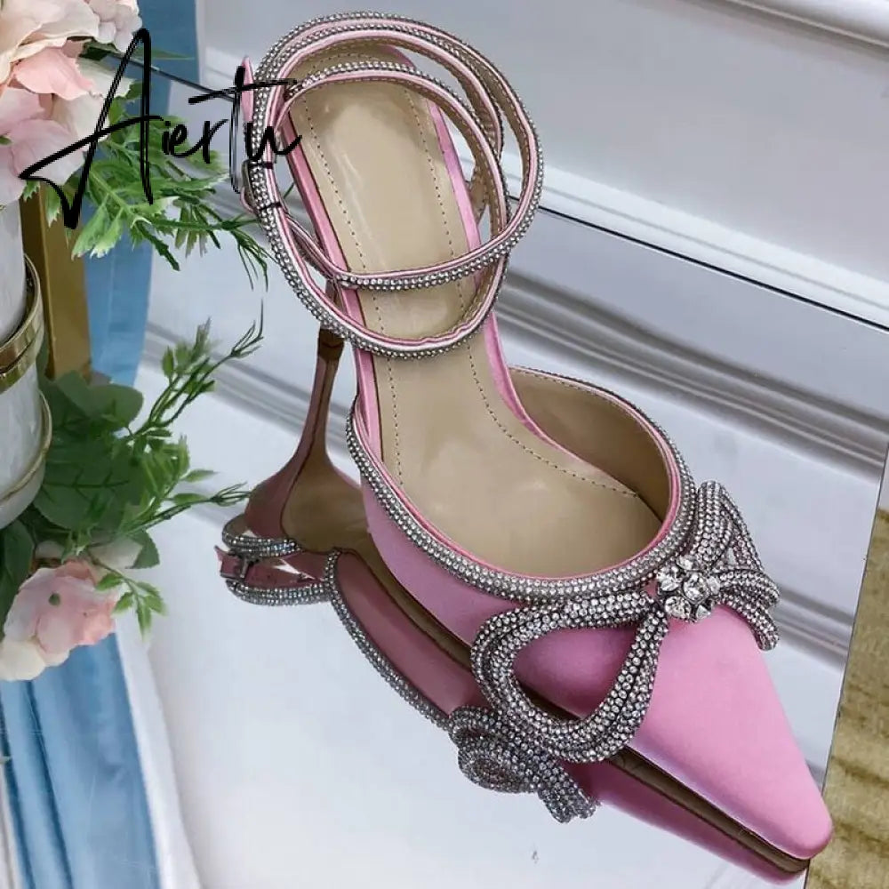 Summer Sexy Satin Slim Thin High Heel Bride Shoes Women Point Wrap Toe Crystal Sandals Ankle Buckle Luxury Wedding Shoes Mujer Aiertu