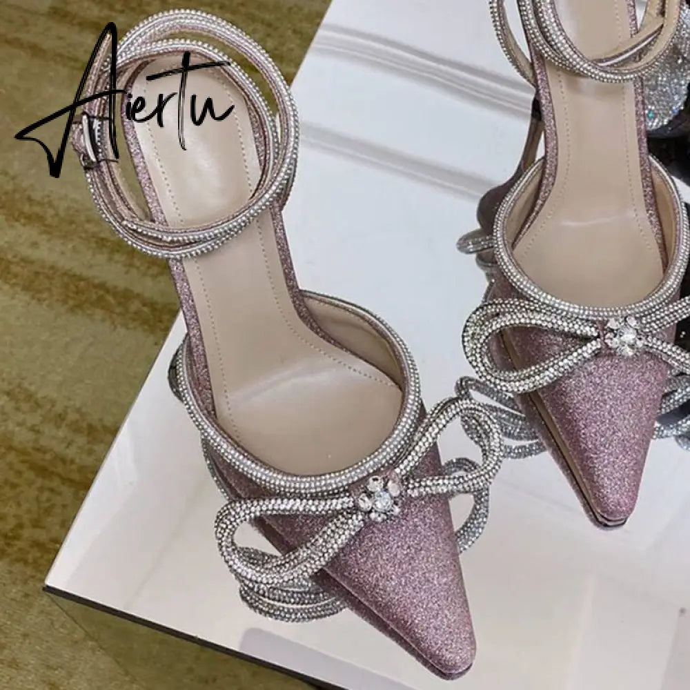 Summer Sexy Satin Slim Thin High Heel Bride Shoes Women Point Wrap Toe Crystal Sandals Ankle Buckle Luxury Wedding Shoes Mujer Aiertu