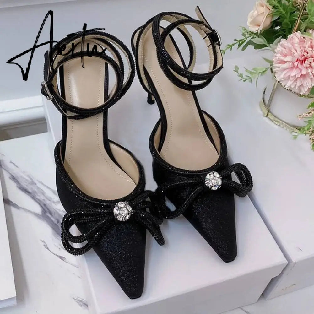 Summer Sexy Satin Slim Thin High Heel Bride Shoes Women Point Wrap Toe Crystal Sandals Ankle Buckle Luxury Wedding Shoes Mujer Aiertu