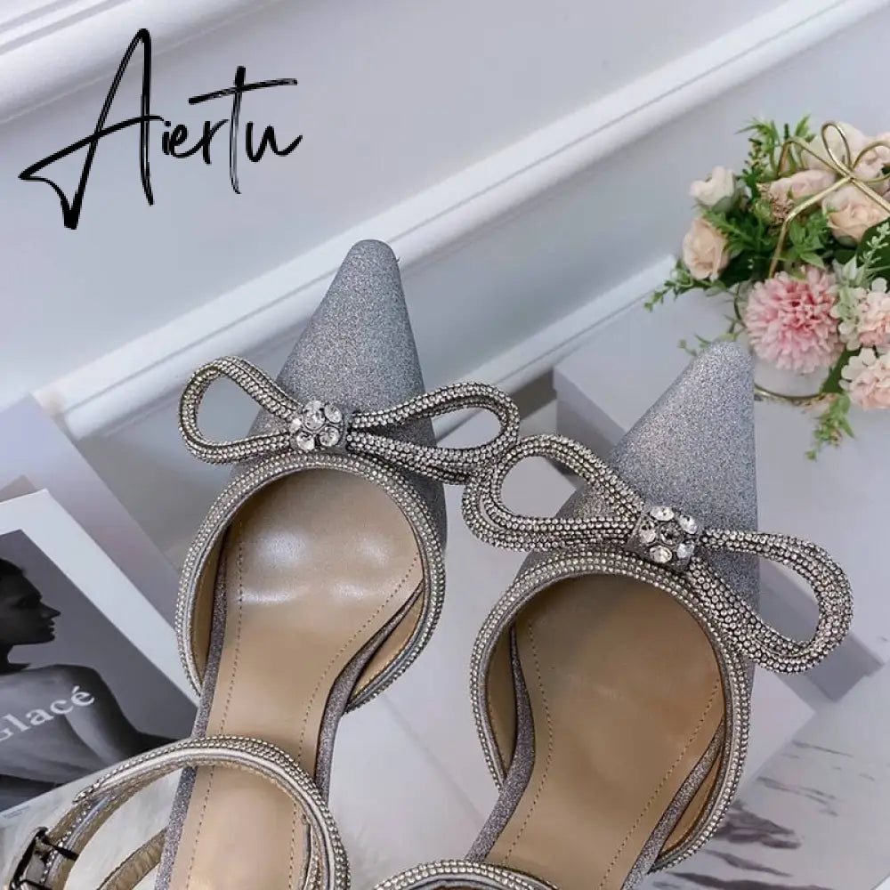 Summer Sexy Satin Slim Thin High Heel Bride Shoes Women Point Wrap Toe Crystal Sandals Ankle Buckle Luxury Wedding Shoes Mujer Aiertu