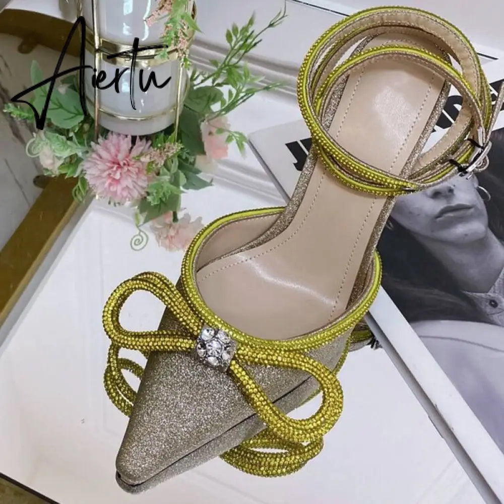 Summer Sexy Satin Slim Thin High Heel Bride Shoes Women Point Wrap Toe Crystal Sandals Ankle Buckle Luxury Wedding Shoes Mujer Aiertu