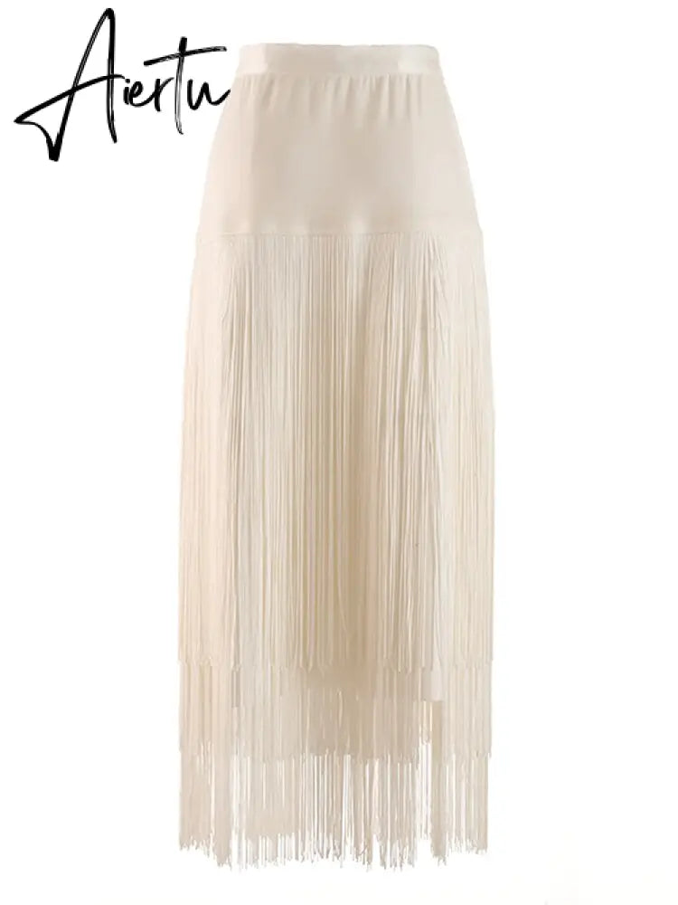Summer Solid Bodycon Skirt Female High Waist Spliced Tassel Slim Casual Skirt Women Style Fashion Clotthing Aiertu