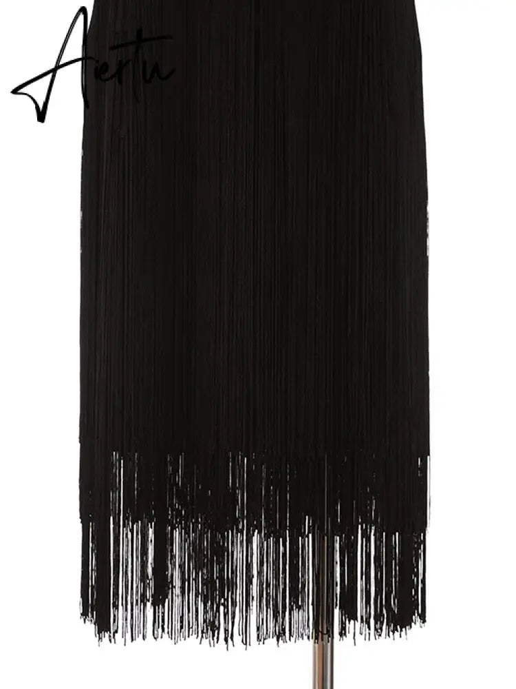 Summer Solid Bodycon Skirt Female High Waist Spliced Tassel Slim Casual Skirt Women Style Fashion Clotthing Aiertu