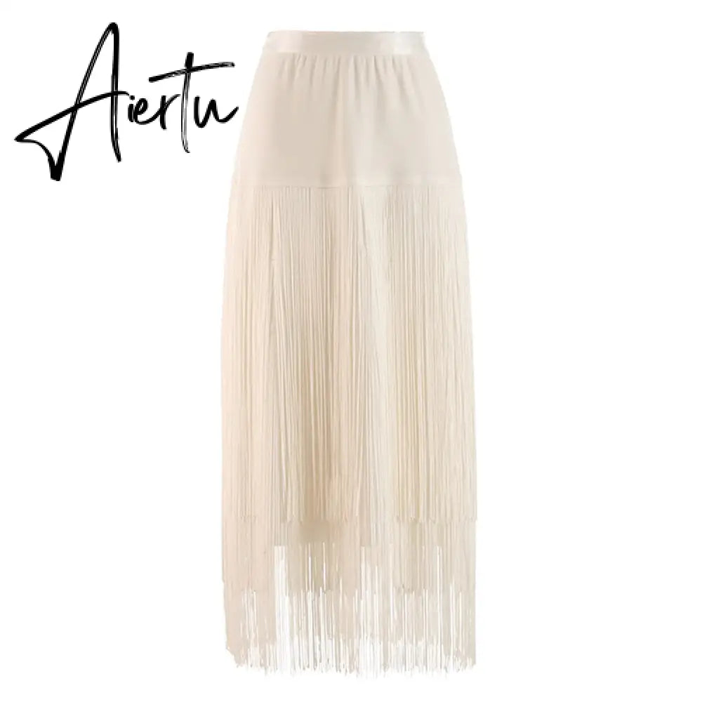 Summer Solid Bodycon Skirt Female High Waist Spliced Tassel Slim Casual Skirt Women Style Fashion Clotthing Aiertu