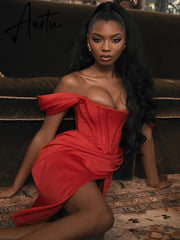 Summer Solid Color Dress Diagonal Shoulder Suspenders Sexy Red Dress Slit Fishbone One Word Collar Women'S Clothing Dresses Aiertu