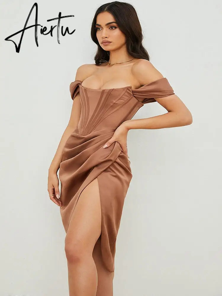 Summer Solid Color Dress Diagonal Shoulder Suspenders Sexy Red Dress Slit Fishbone One Word Collar Women'S Clothing Dresses Aiertu