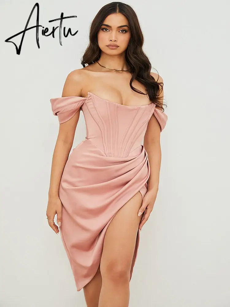 Summer Solid Color Dress Diagonal Shoulder Suspenders Sexy Red Dress Slit Fishbone One Word Collar Women'S Clothing Dresses Aiertu