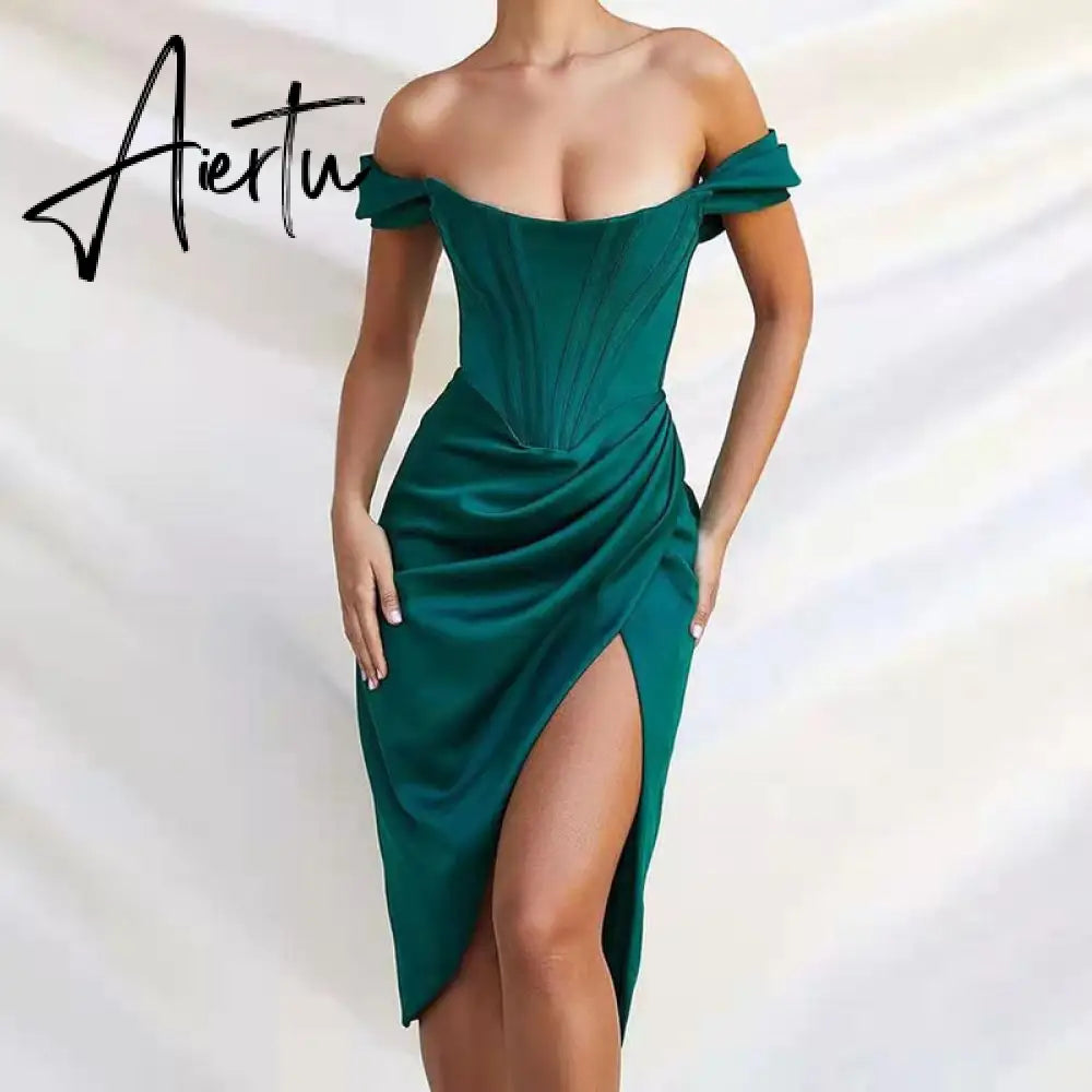 Summer Solid Color Dress Diagonal Shoulder Suspenders Sexy Red Dress Slit Fishbone One Word Collar Women'S Clothing Dresses Aiertu