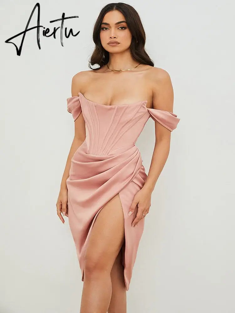 Summer Solid Color Dress Diagonal Shoulder Suspenders Sexy Red Dress Slit Fishbone One Word Collar Women'S Clothing Dresses Aiertu