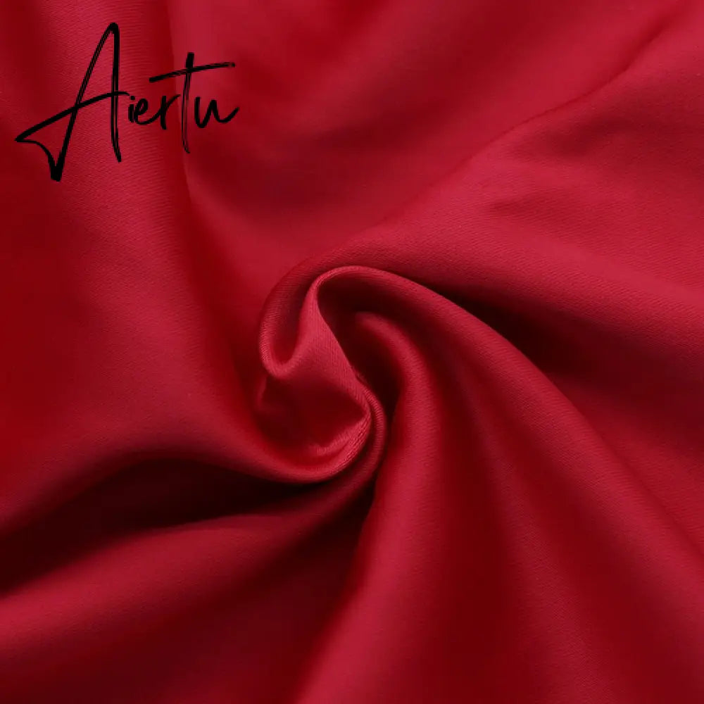 Summer Solid Color Dress Diagonal Shoulder Suspenders Sexy Red Dress Slit Fishbone One Word Collar Women'S Clothing Dresses Aiertu