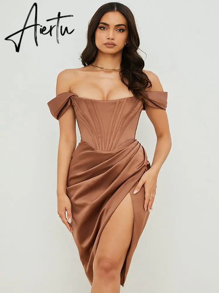 Summer Solid Color Dress Diagonal Shoulder Suspenders Sexy Red Dress Slit Fishbone One Word Collar Women'S Clothing Dresses Aiertu
