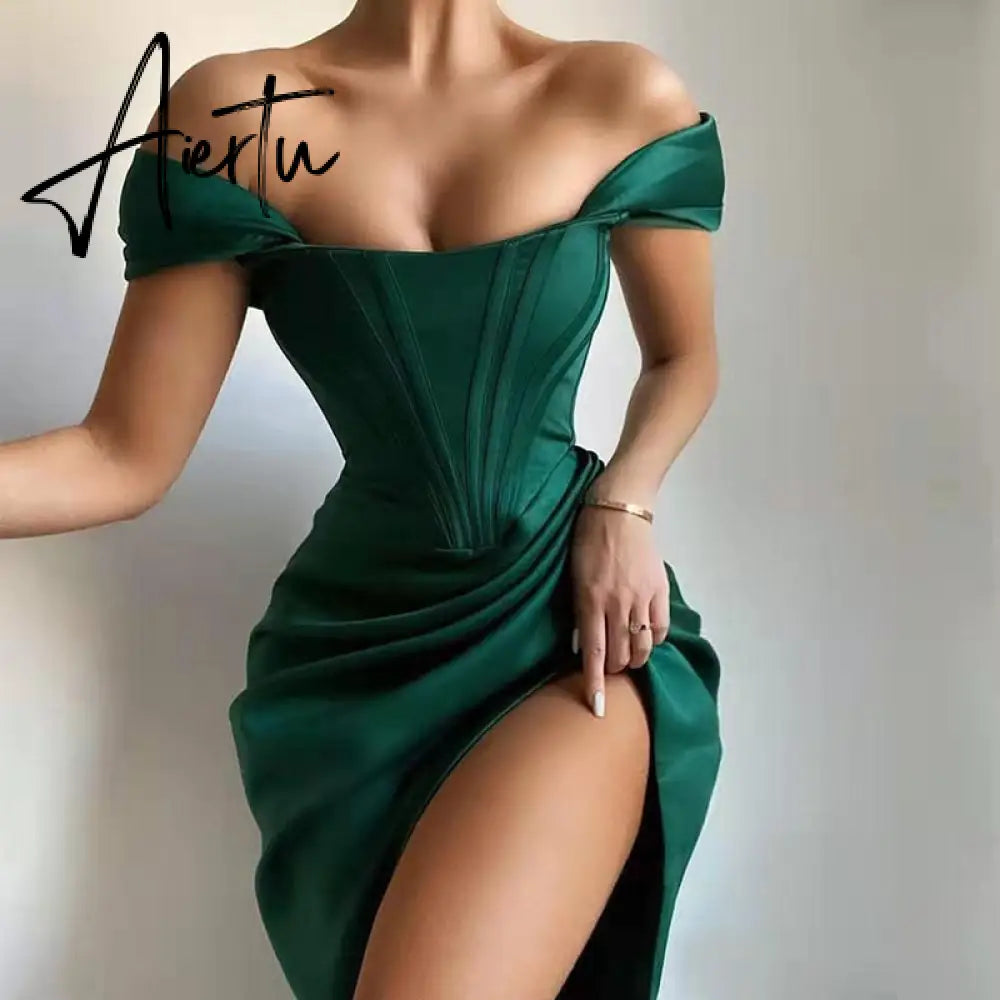 Summer Solid Color Dress Diagonal Shoulder Suspenders Sexy Red Dress Slit Fishbone One Word Collar Women'S Clothing Dresses Aiertu