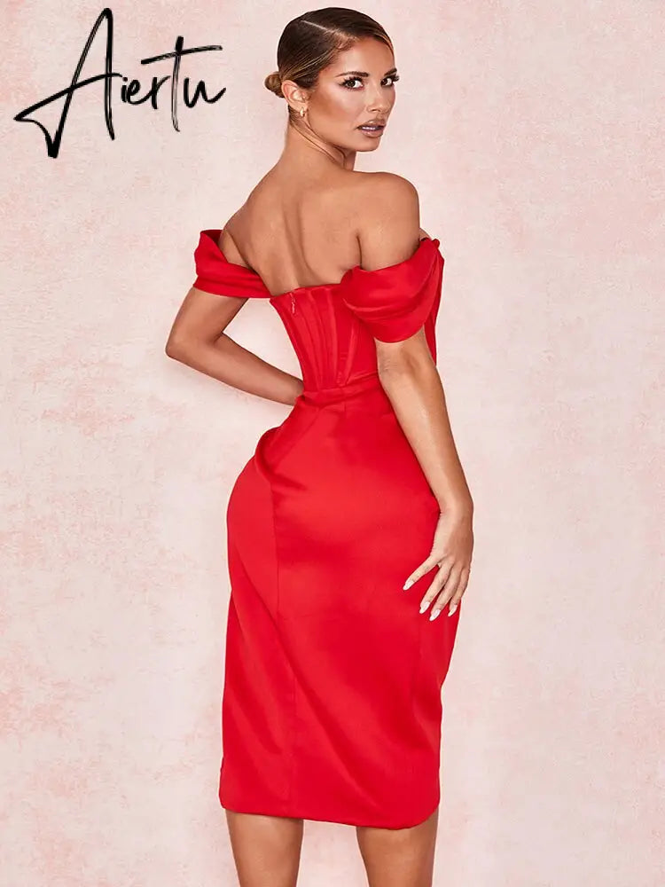 Summer Solid Color Dress Diagonal Shoulder Suspenders Sexy Red Dress Slit Fishbone One Word Collar Women'S Clothing Dresses Aiertu