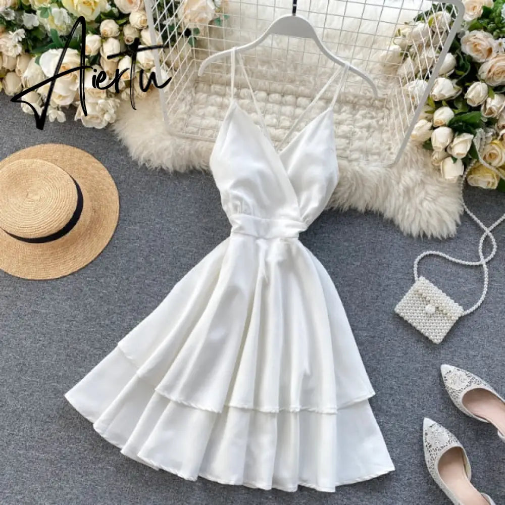 Summer Spring Beach Holiday V-Neck Backless Lace Up Ruffles Cakes Solid Elegant Women Lady A-line High Waist Dress Aiertu