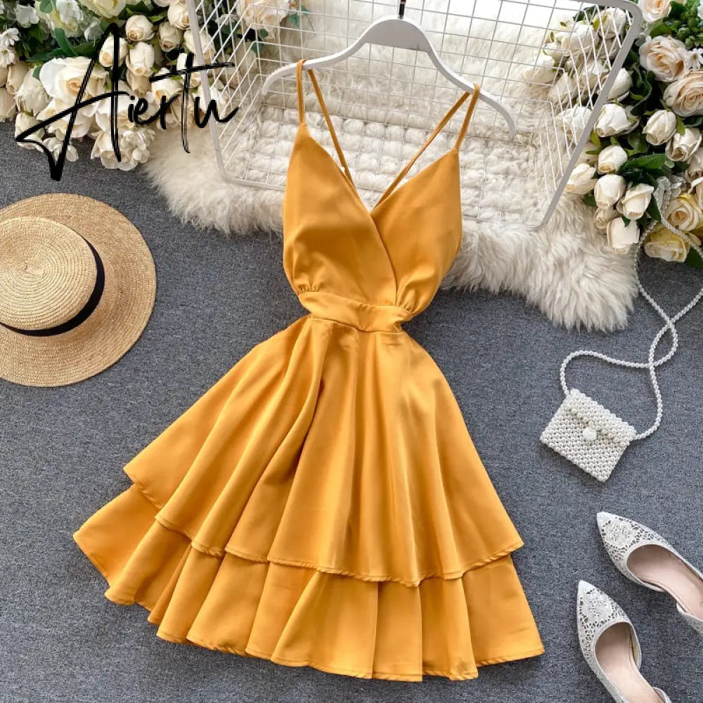 Summer Spring Beach Holiday V-Neck Backless Lace Up Ruffles Cakes Solid Elegant Women Lady A-line High Waist Dress Aiertu