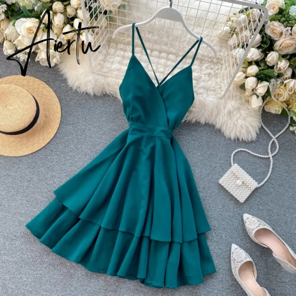 Summer Spring Beach Holiday V-Neck Backless Lace Up Ruffles Cakes Solid Elegant Women Lady A-line High Waist Dress Aiertu