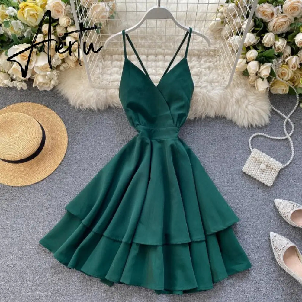 Summer Spring Beach Holiday V-Neck Backless Lace Up Ruffles Cakes Solid Elegant Women Lady A-line High Waist Dress Aiertu