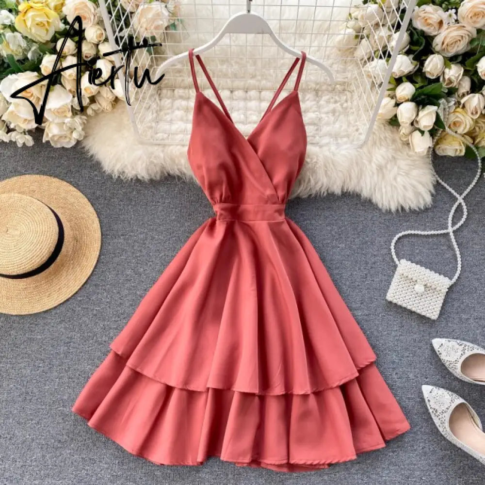 Summer Spring Beach Holiday V-Neck Backless Lace Up Ruffles Cakes Solid Elegant Women Lady A-line High Waist Dress Aiertu