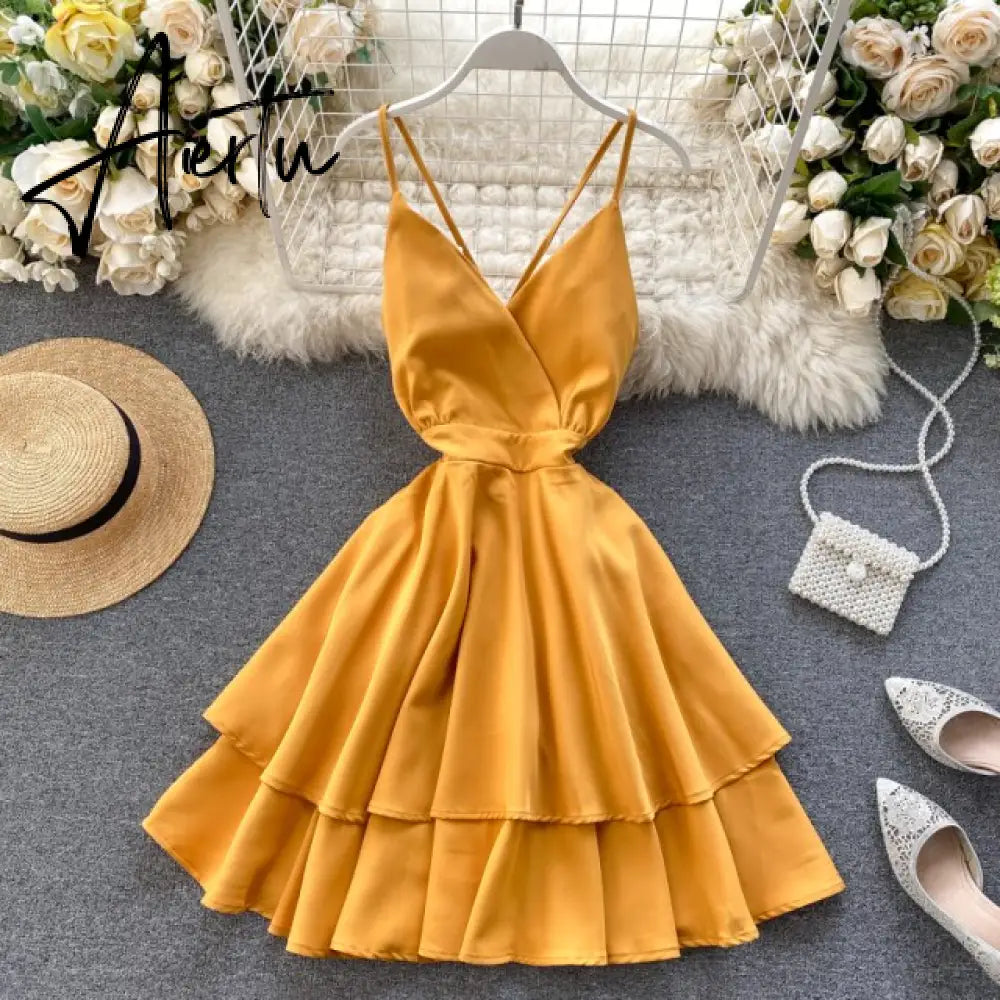 Summer Spring Beach Holiday V-Neck Backless Lace Up Ruffles Cakes Solid Elegant Women Lady A-line High Waist Dress Aiertu