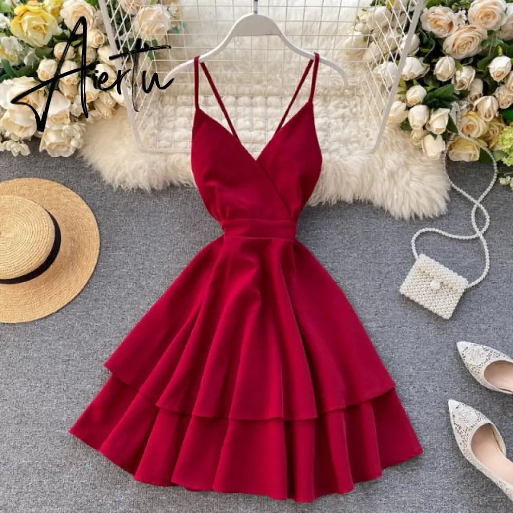 Summer Spring Beach Holiday V-Neck Backless Lace Up Ruffles Cakes Solid Elegant Women Lady A-line High Waist Dress Aiertu